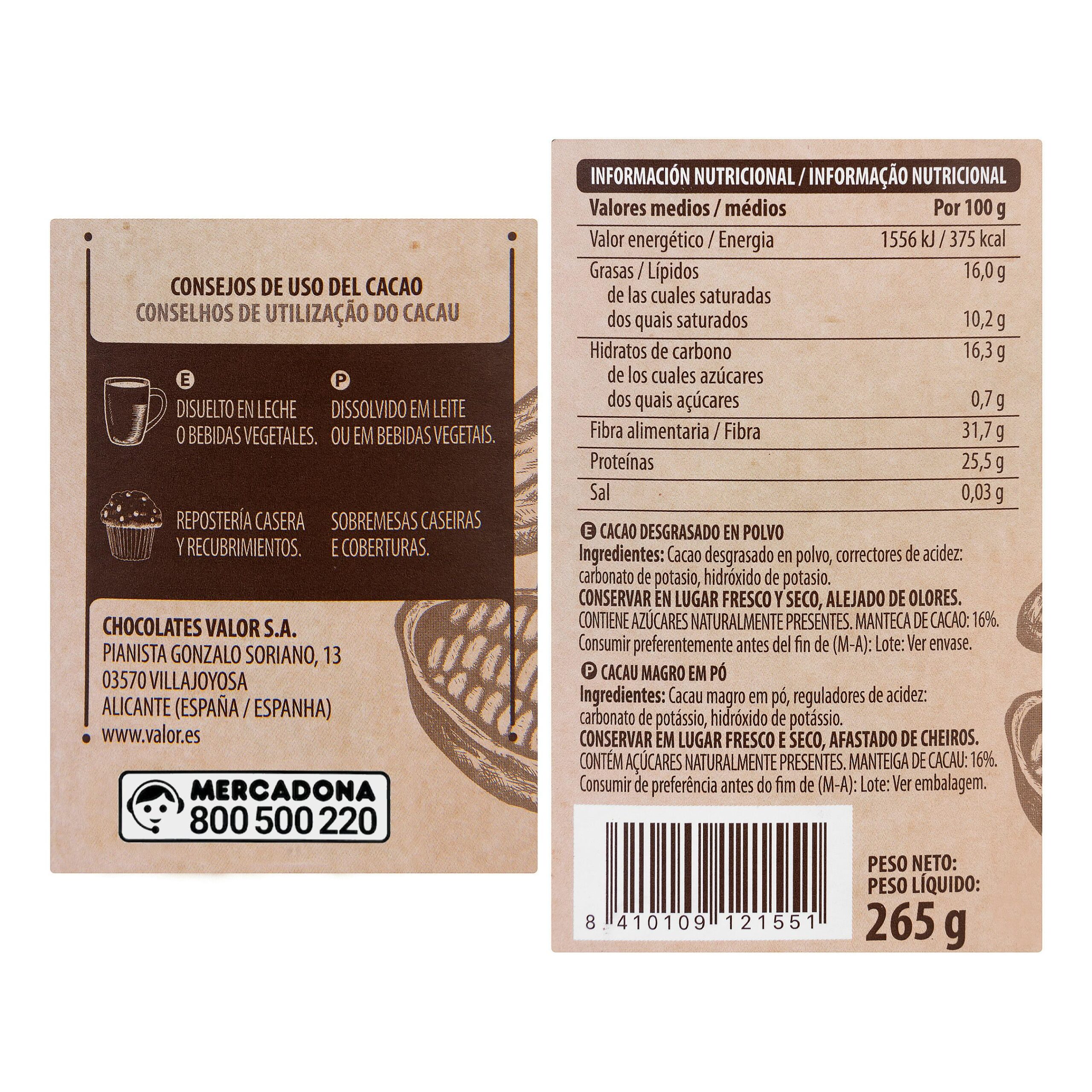 Etiqueta Cacao puro en polvo La Chocolatera 0% azúcares añadidos